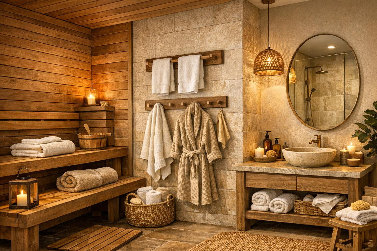 Perfect balance between functionality and relaxation   < Sauna furniture  and  bathroom furniture  with additional  sauna accessories  and  bathroom textiles