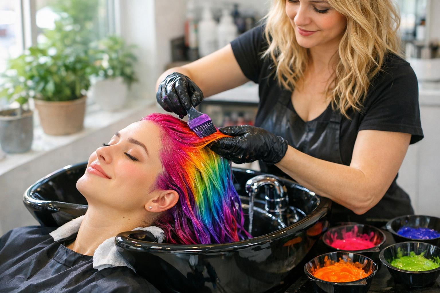 A shiny and durable hair color  that emphasizes the advantages and keeps the hair healthy: professional hair dyeing and careful blonde with protective wash and 