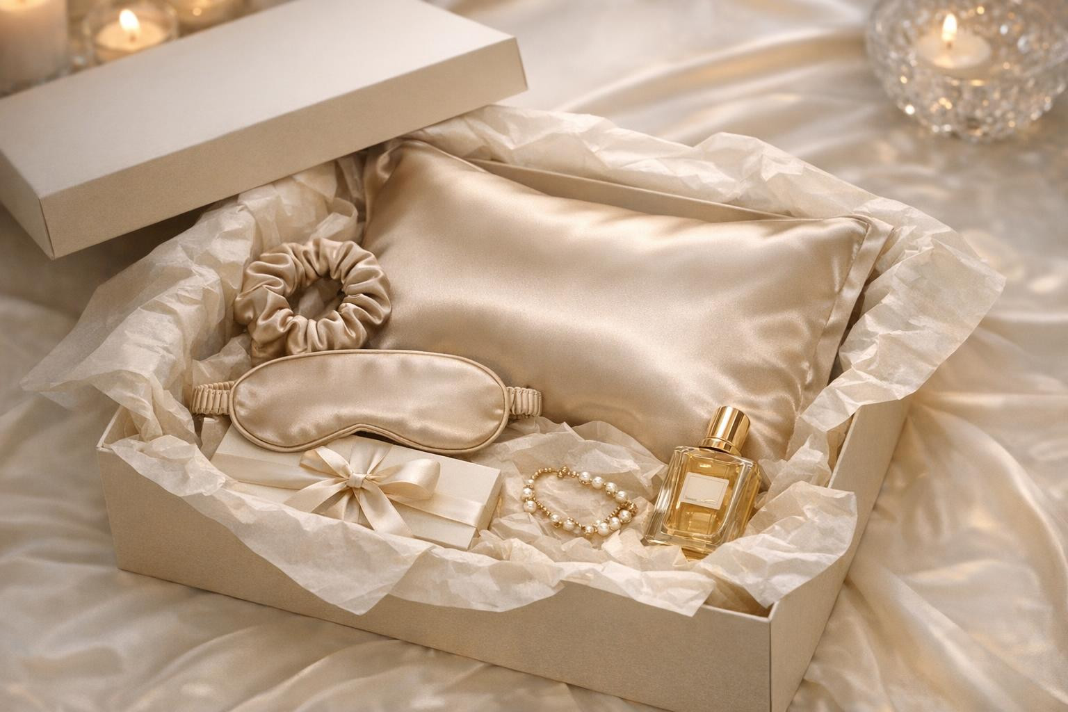 Silk gift kit  combines a fine silk pillow and a selection of elegant silk accessories into a beautiful gift box that offers both relaxation and daily luxury. S