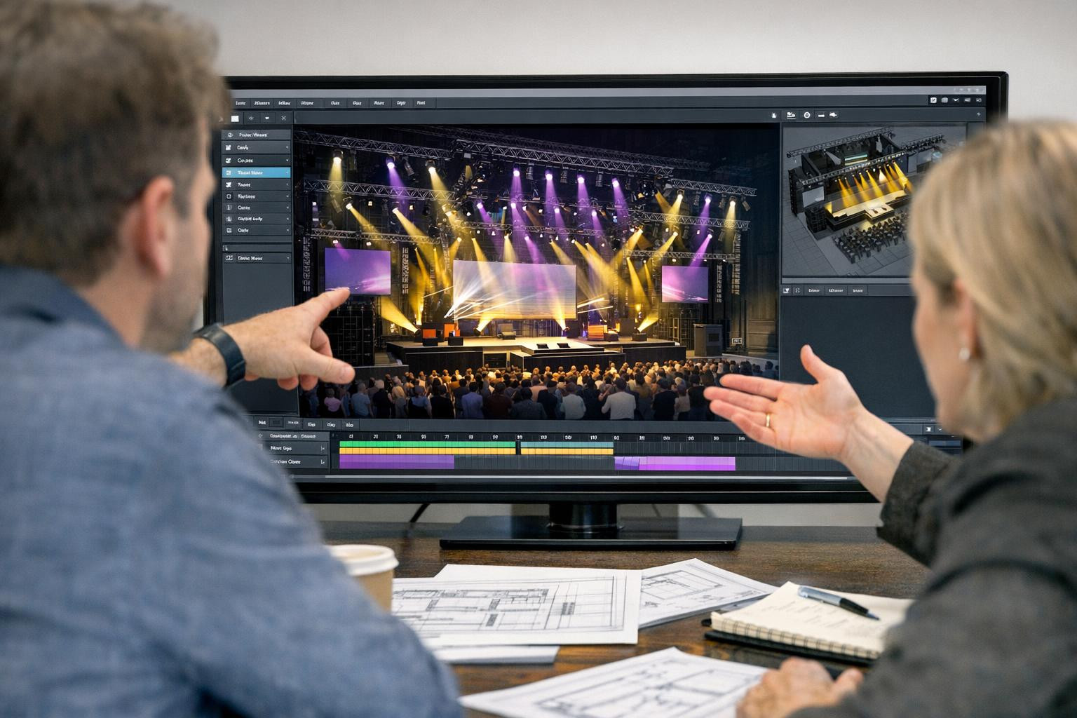 Realistic stage design before construction begins    < Realistic 3D visual  and  precise spatial plan  provide a clear overview of the stage design, allowing