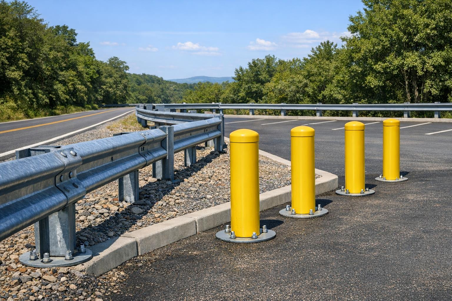 What do steel barriers and impact barriers offer?   Steel barriers ,   impact barriers ,  posts  and  parking barriers  constitute the primary protection layer 