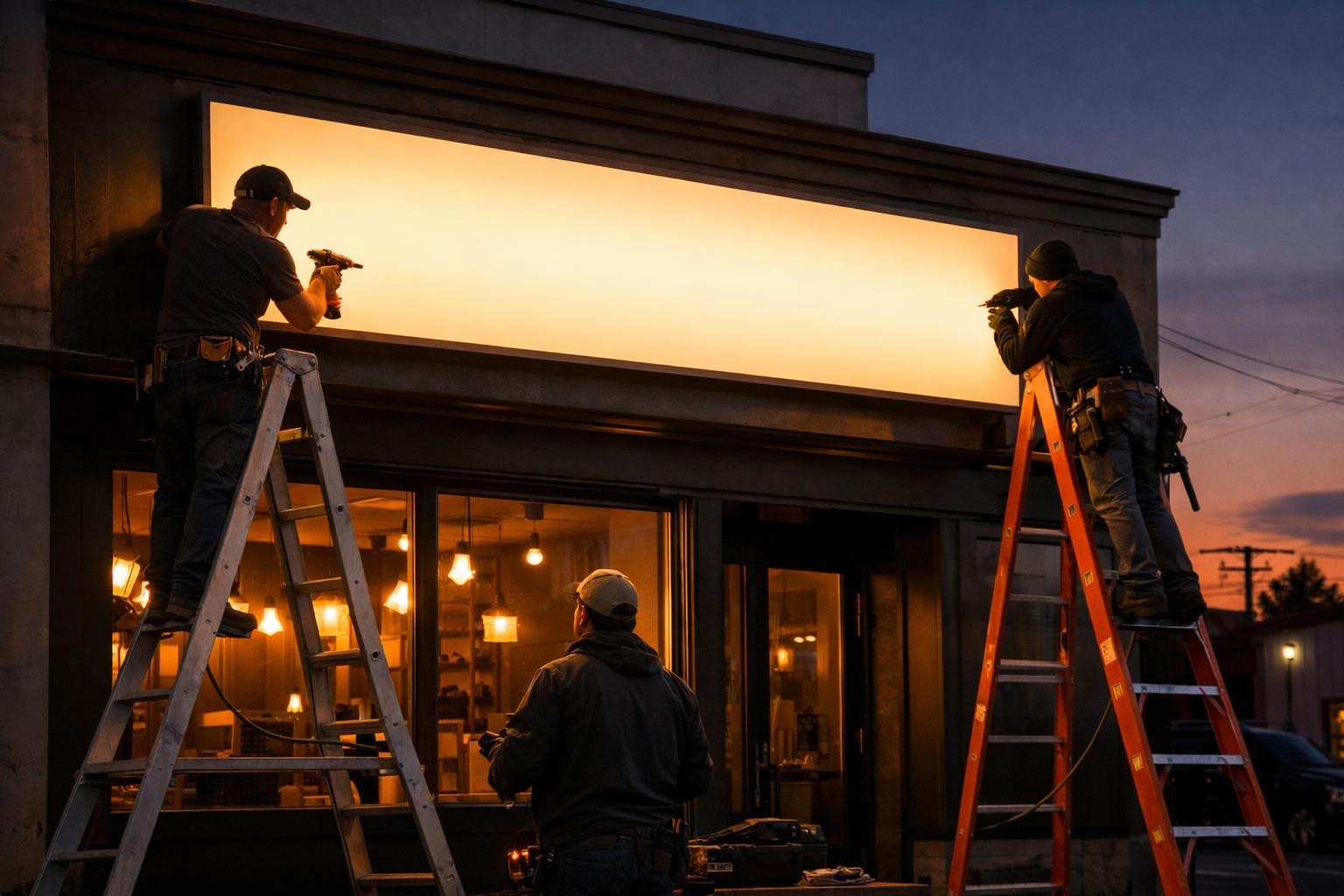 Special order light boxes, 3D letters and neon lighting create visibility for the brand both in the day and in the dark. The equilibrium of lighting and design 