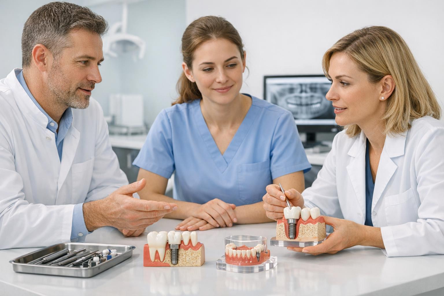 What does specialised implantology mean?    Specialised implantology  combines surgical precision and prosthetic skills to restore dental function and aesthetic