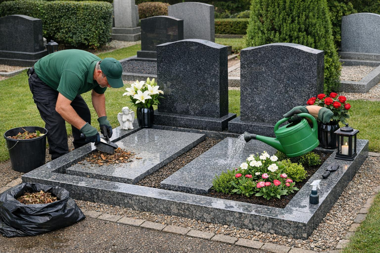 Two-seat care  offers a careless and transparent solution for cleaning the tomb of two places (up to 9 m2): harvesting, trash removal and watering of plants qui