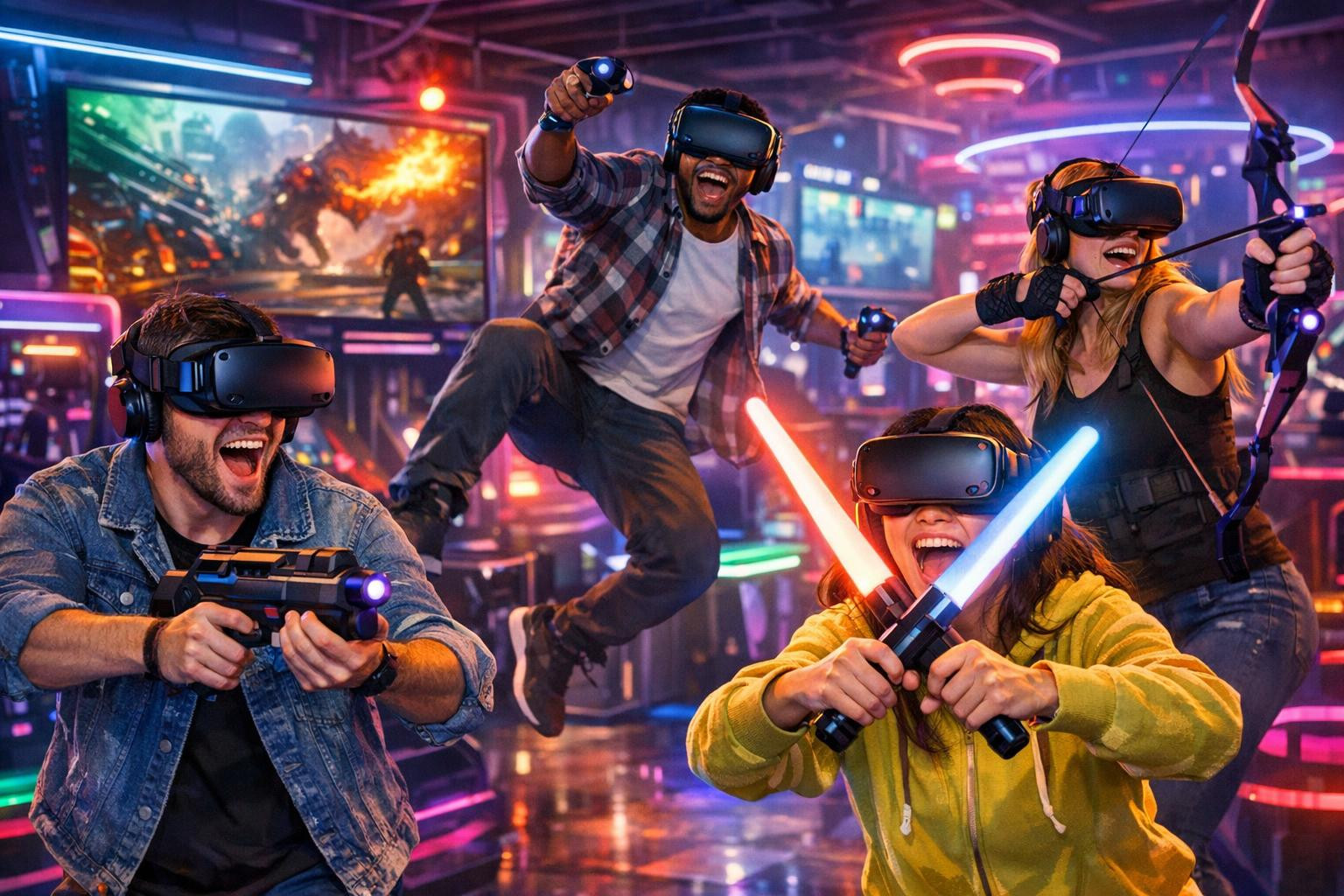 Discover a new level of entertainment and common moments   < Virtual world  brings mobile virtual reality upright with over 100 VR games and simulations that