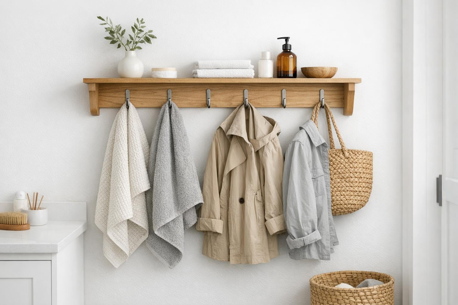 Organised house without flooring Wall shelf with hangings combines ...