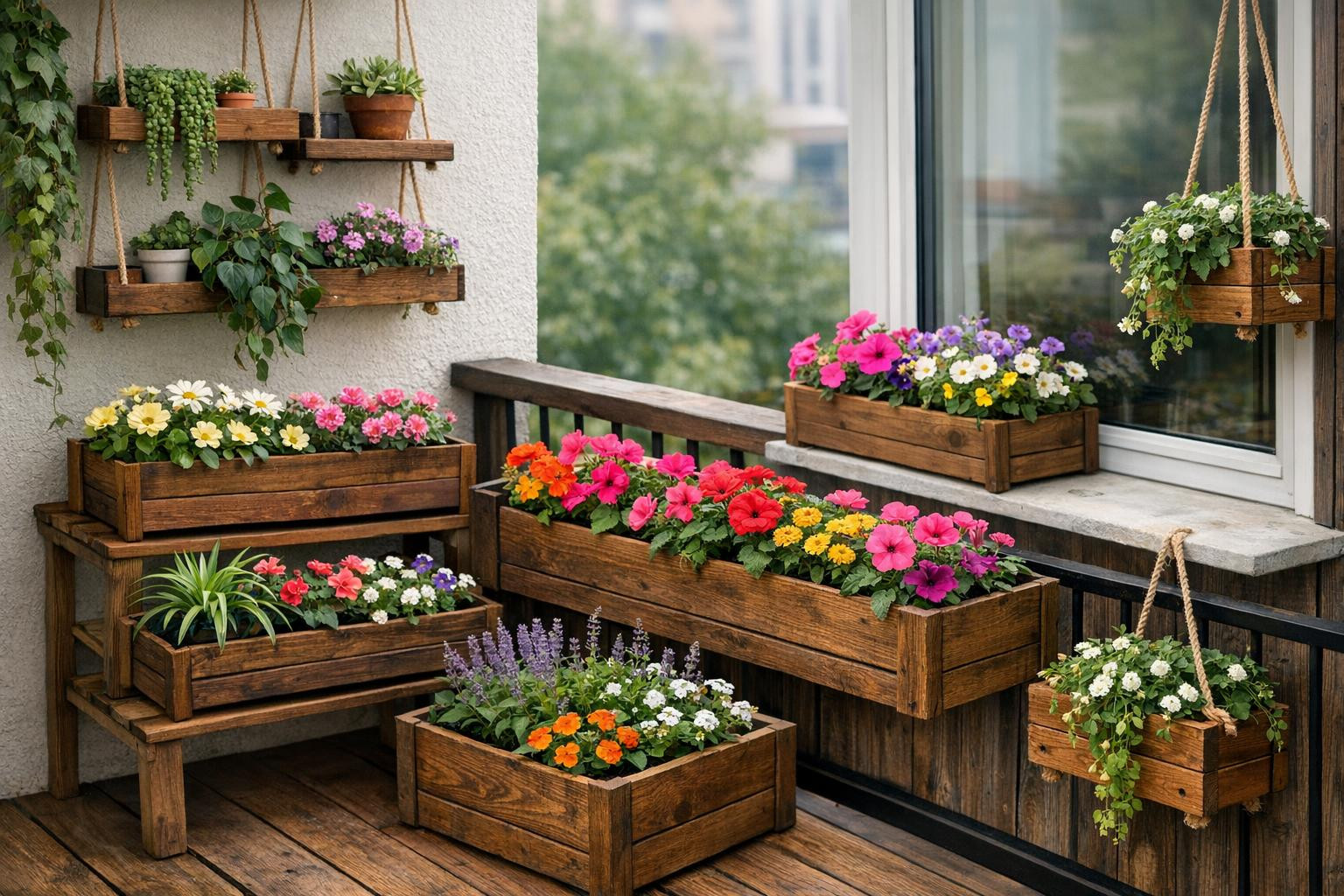 Flower boxes and shelves of wood  bring natural warmth and functionality to every living room: balcony, balcony, window or interior. Handmade solutions fit into